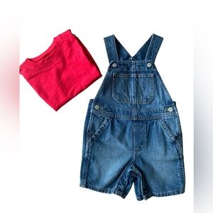GAP‎ Toddler Denim Short Overalls With Red T-Shirt Set Size 2T